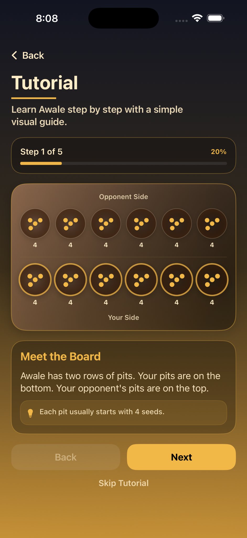 Awale Kingdom tutorial screen